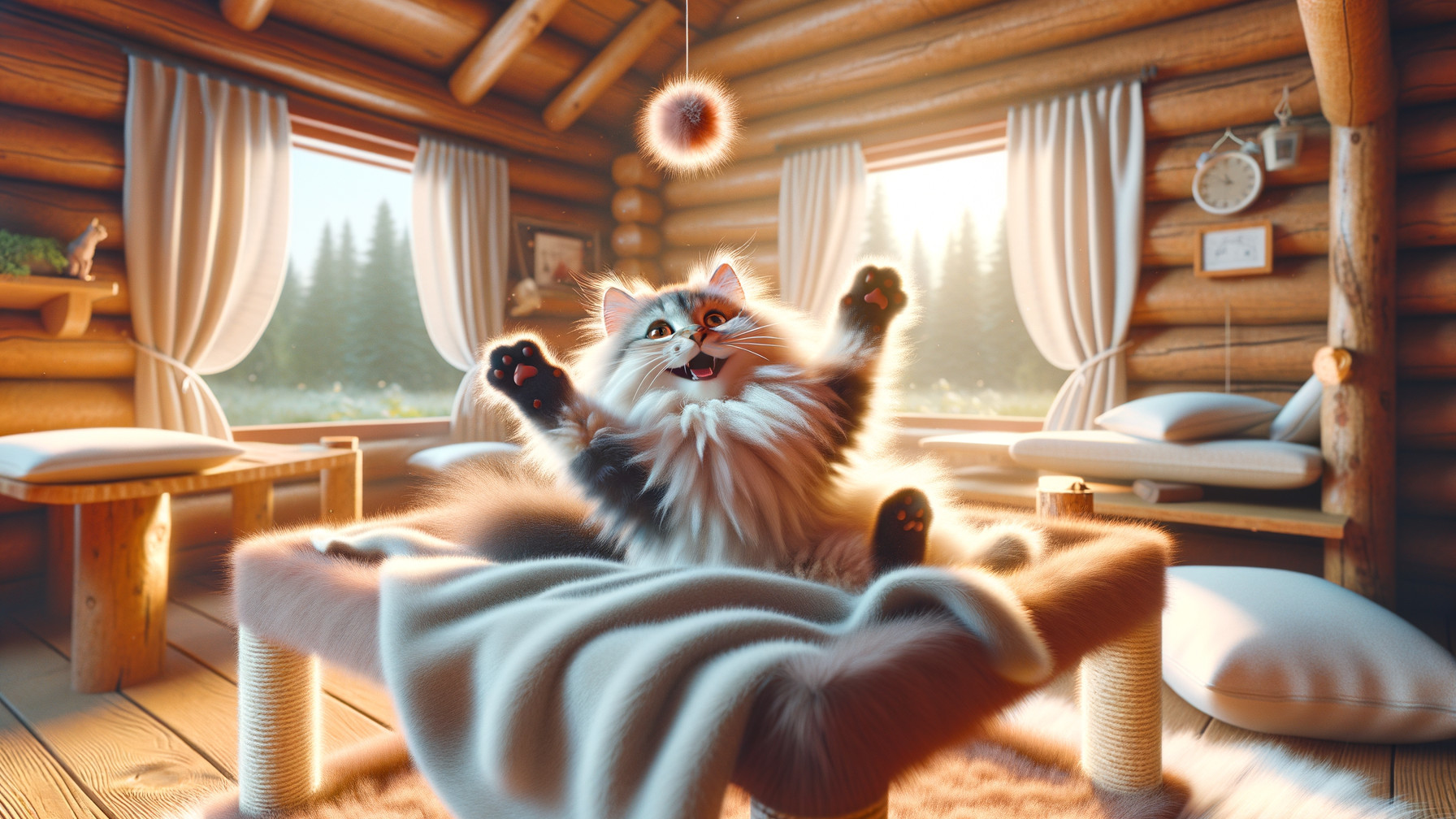 Cozy Log Cabin with Fluffy Cat Playing in Sunlight