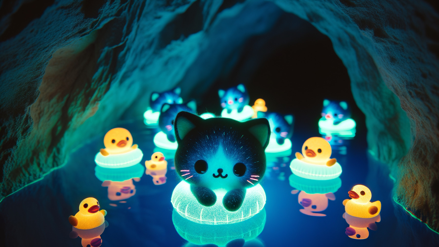 Glowing Cat and Duck Figurines in a Cave Pool