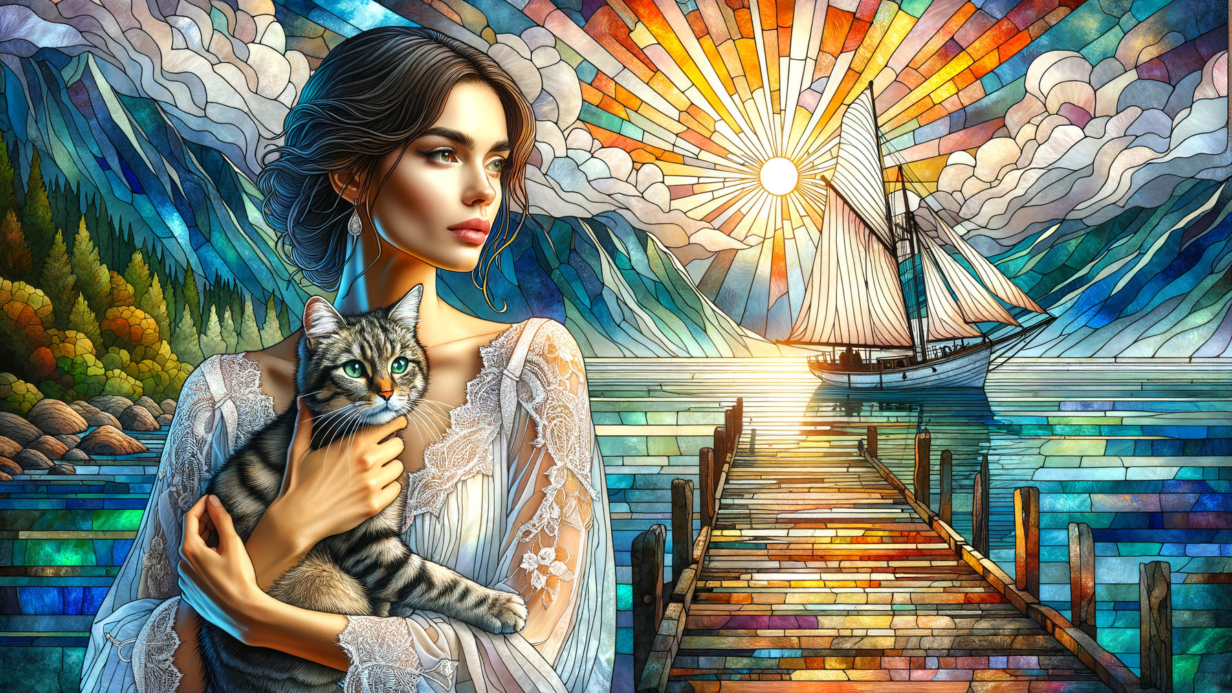 Woman with Cat in Front of Vibrant Stained Glass Scene