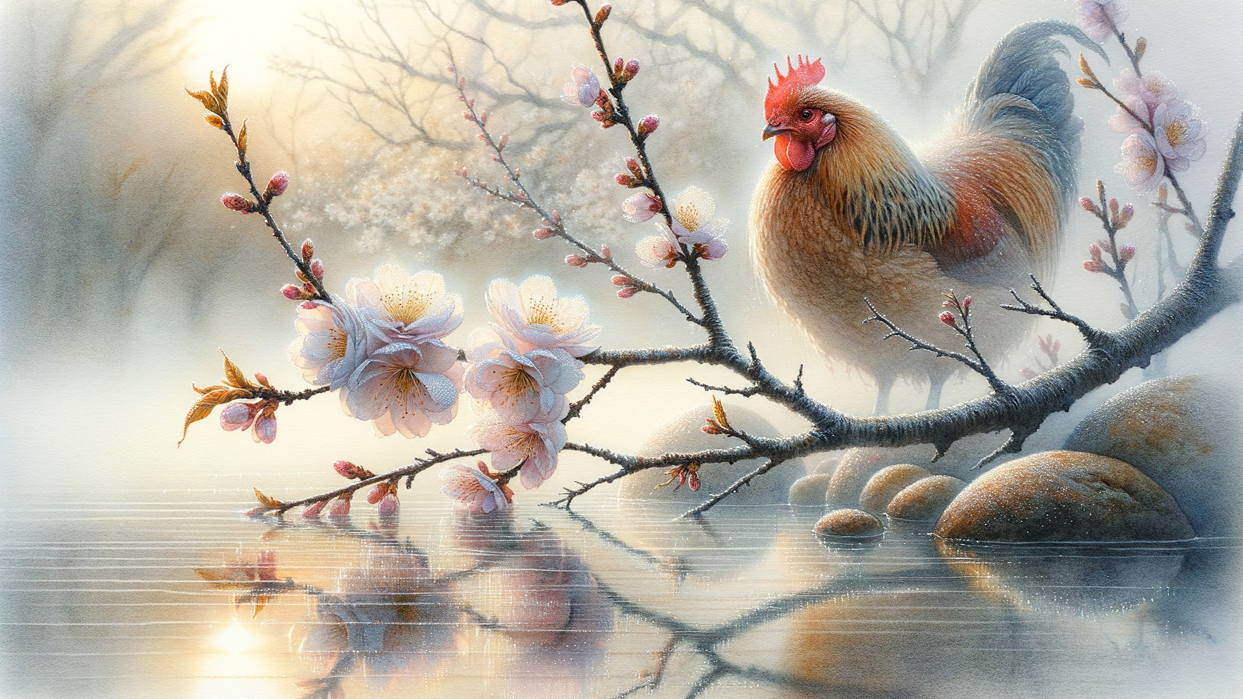 Serene Landscape with Rooster and Blossoming Branch