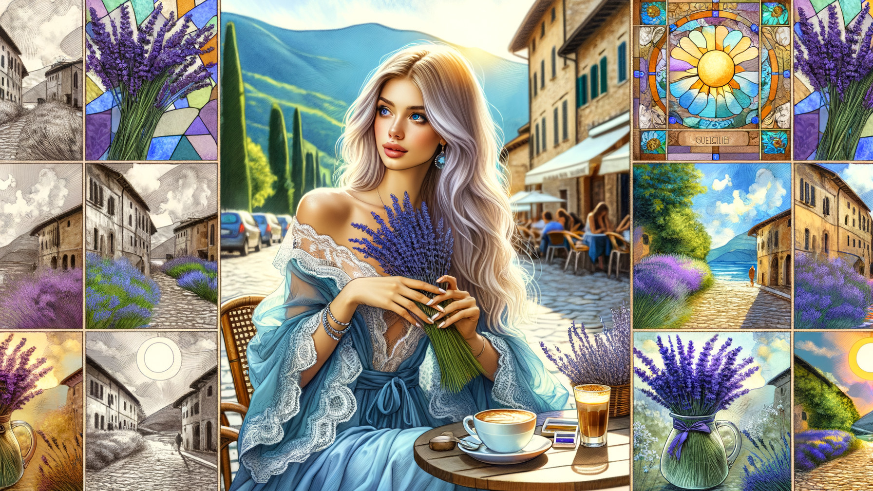 Young Woman with Lavender in Scenic Café Setting