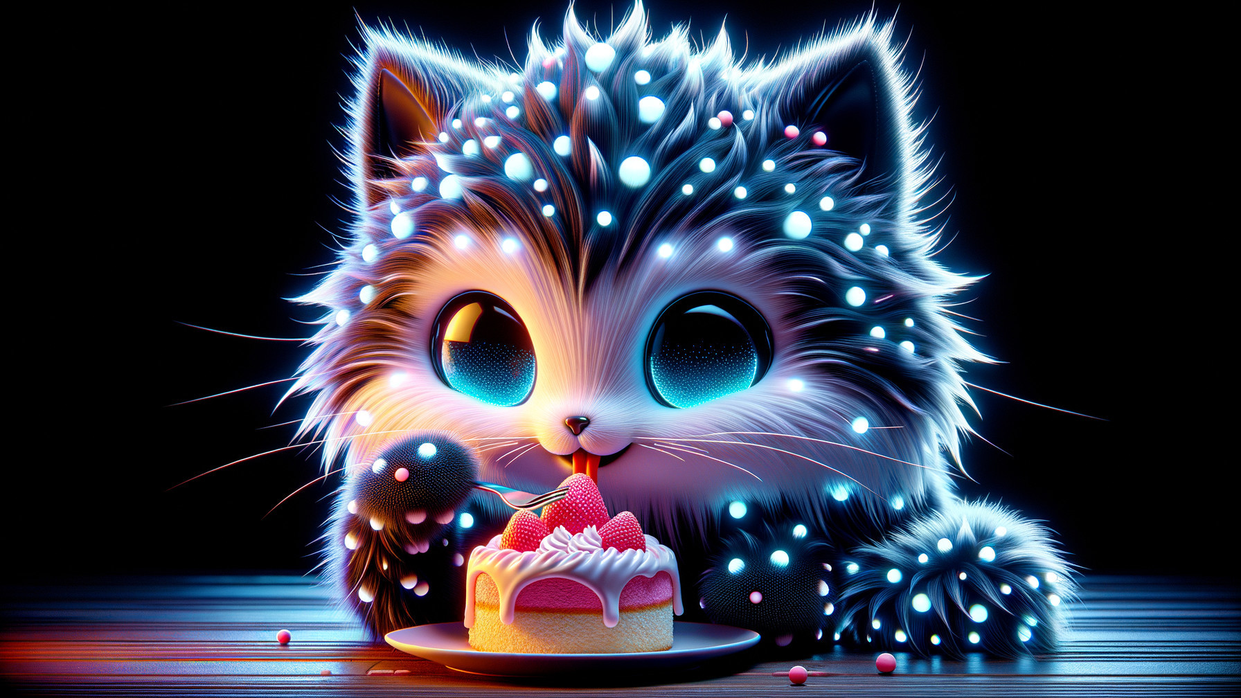Glowing Kitten Enjoying Cake with Strawberries and Cream