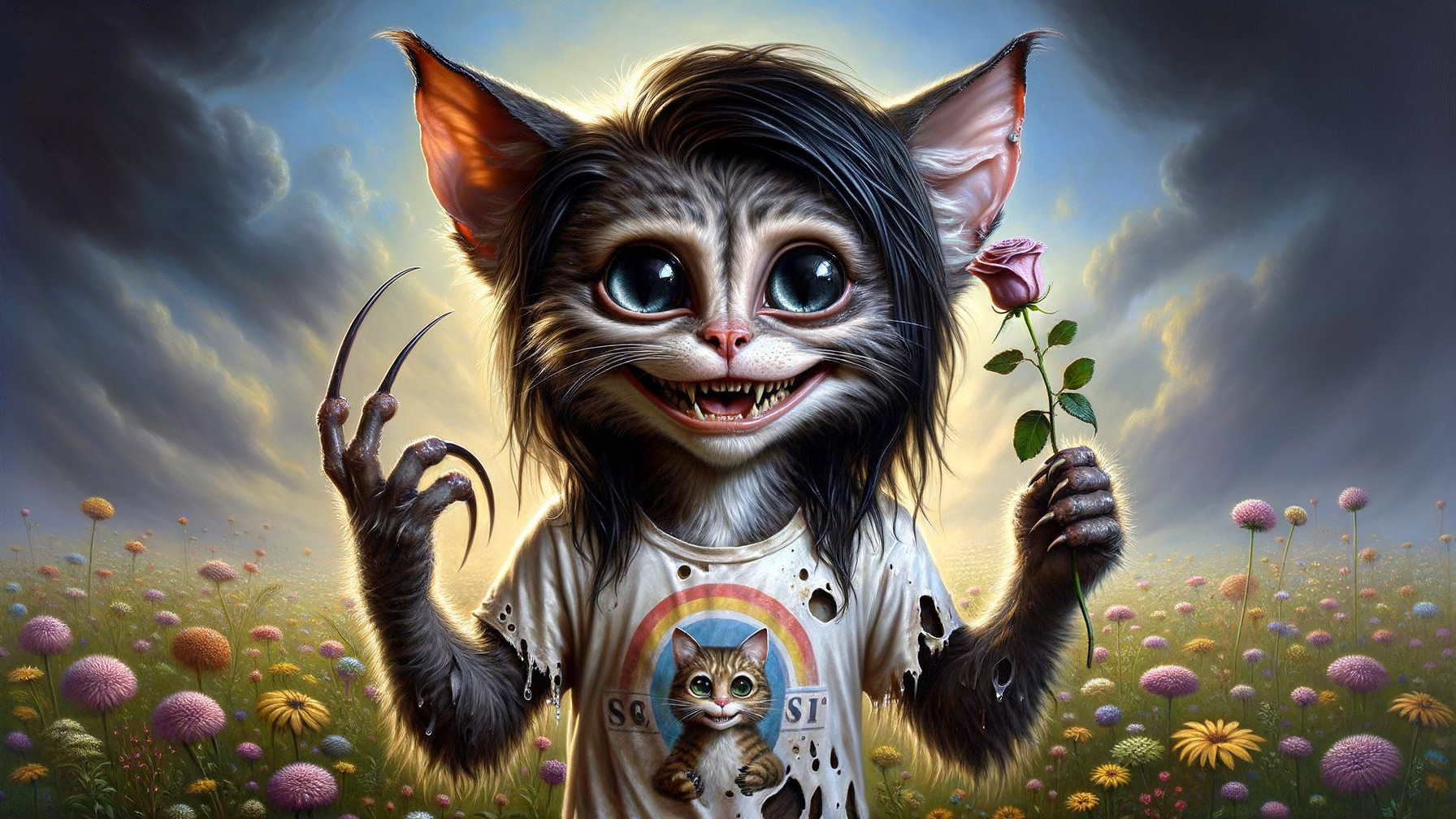 Whimsical creature with rose in colorful flower setting