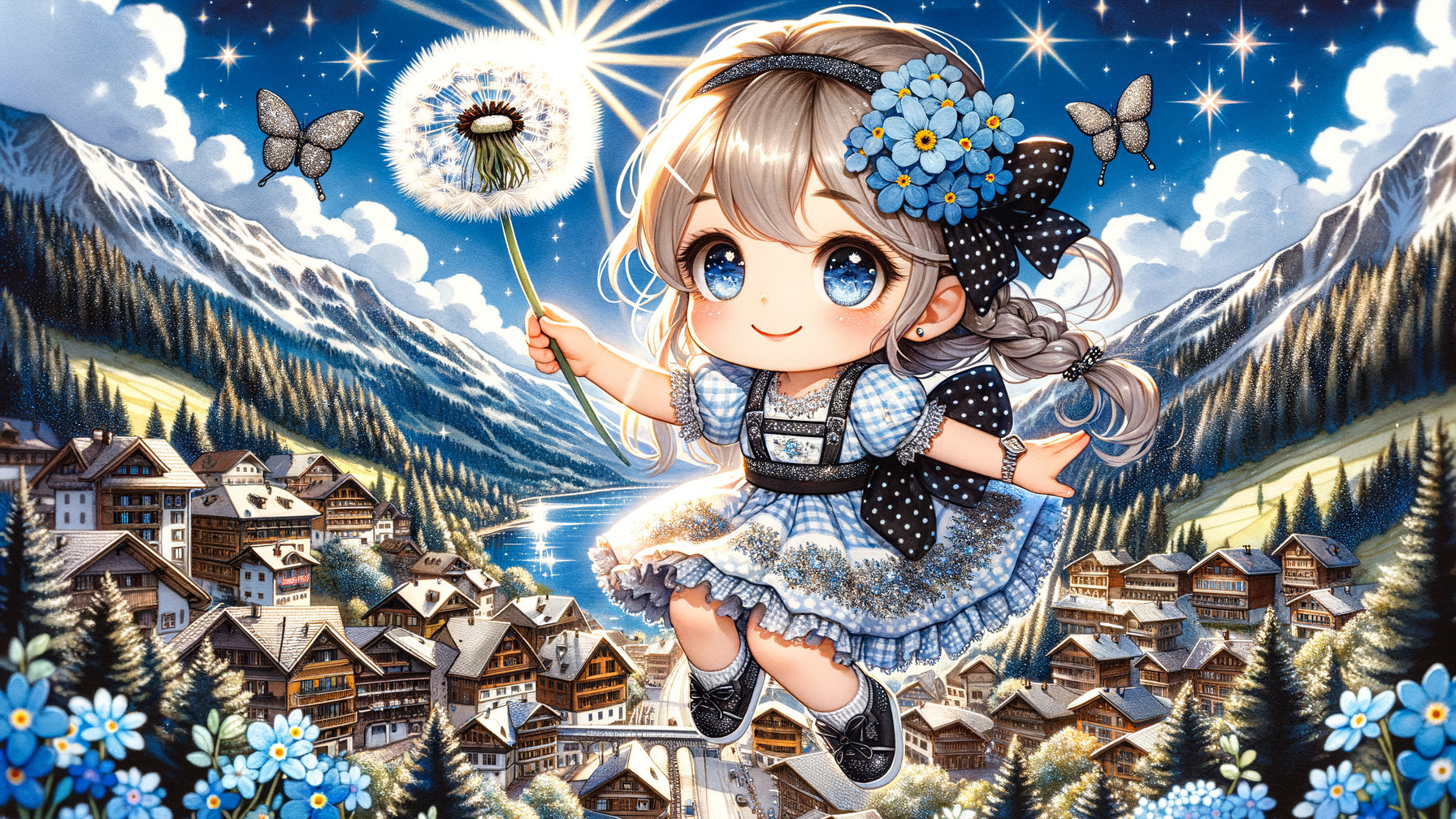 Cheerful girl with dandelion in mountain village scene