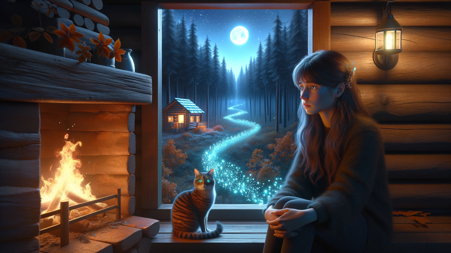 Cozy Cabin Scene with Woman and Cat by Firelight