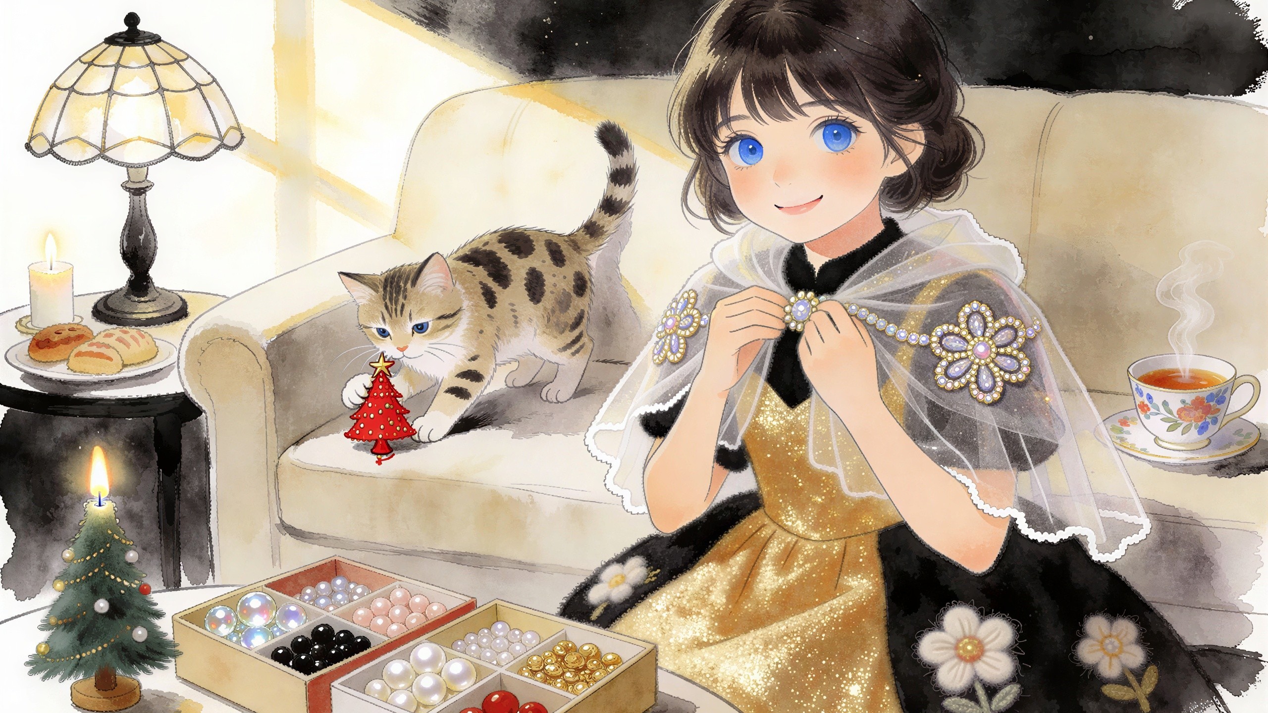 Young girl in elegant dress with cat and festive decor