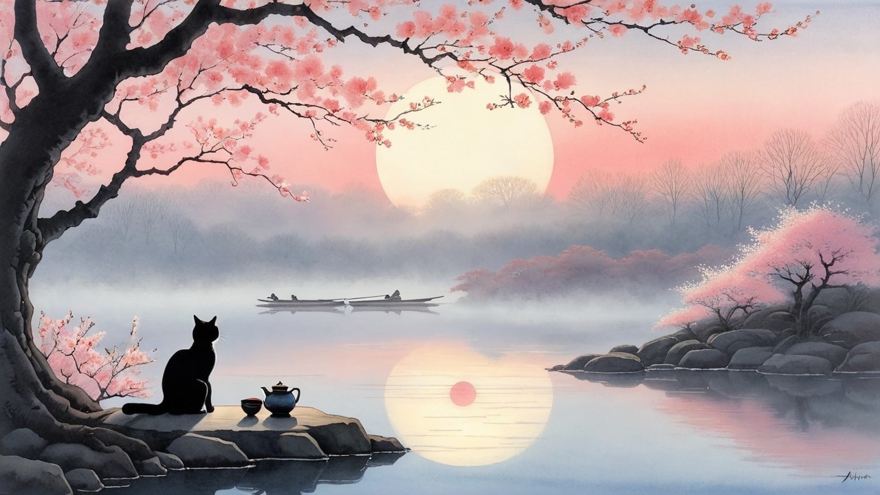 Serene Landscape with Black Cat and Cherry Blossoms