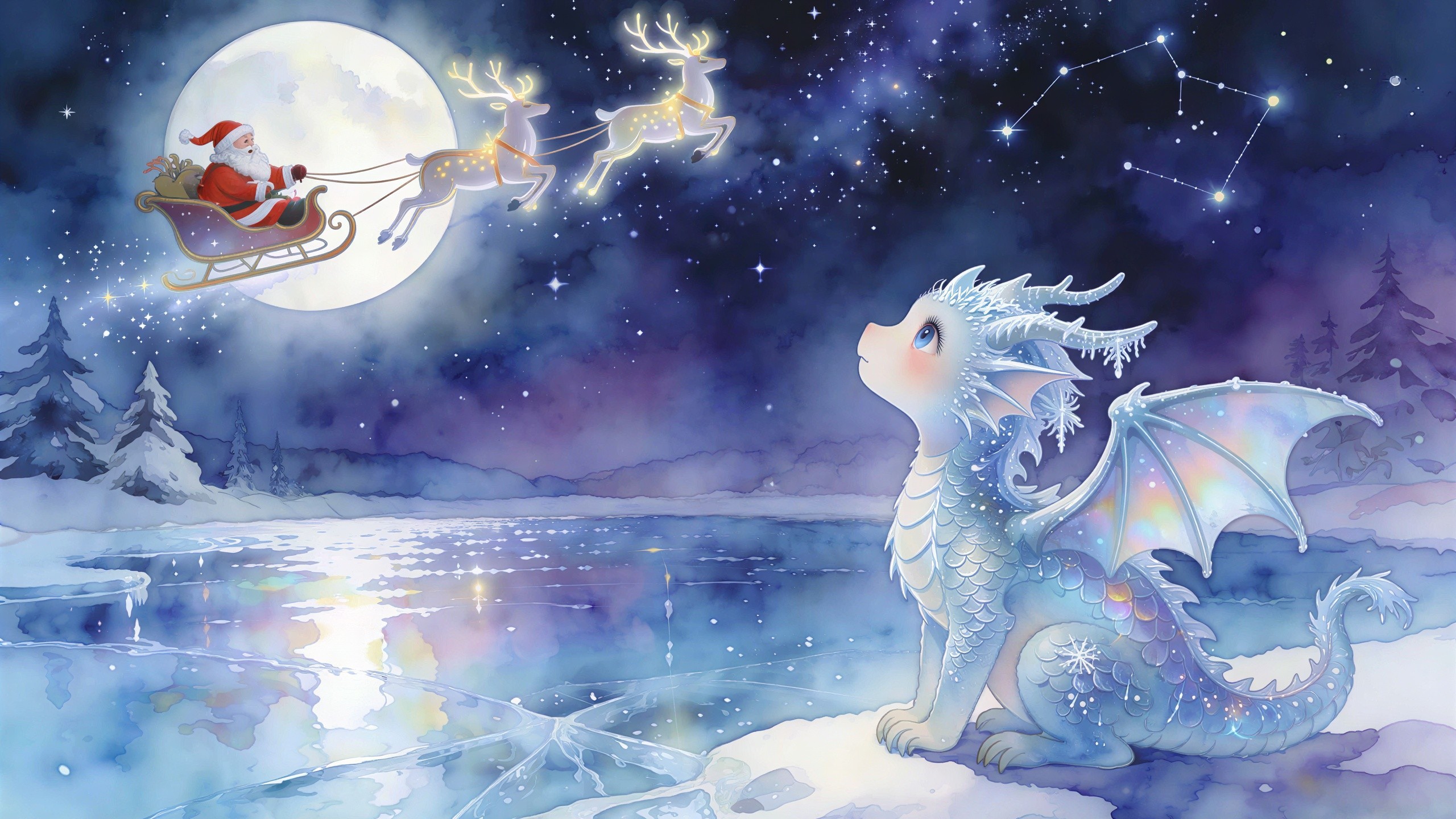 Winter Night Watercolor with Santa and Ice Dragon