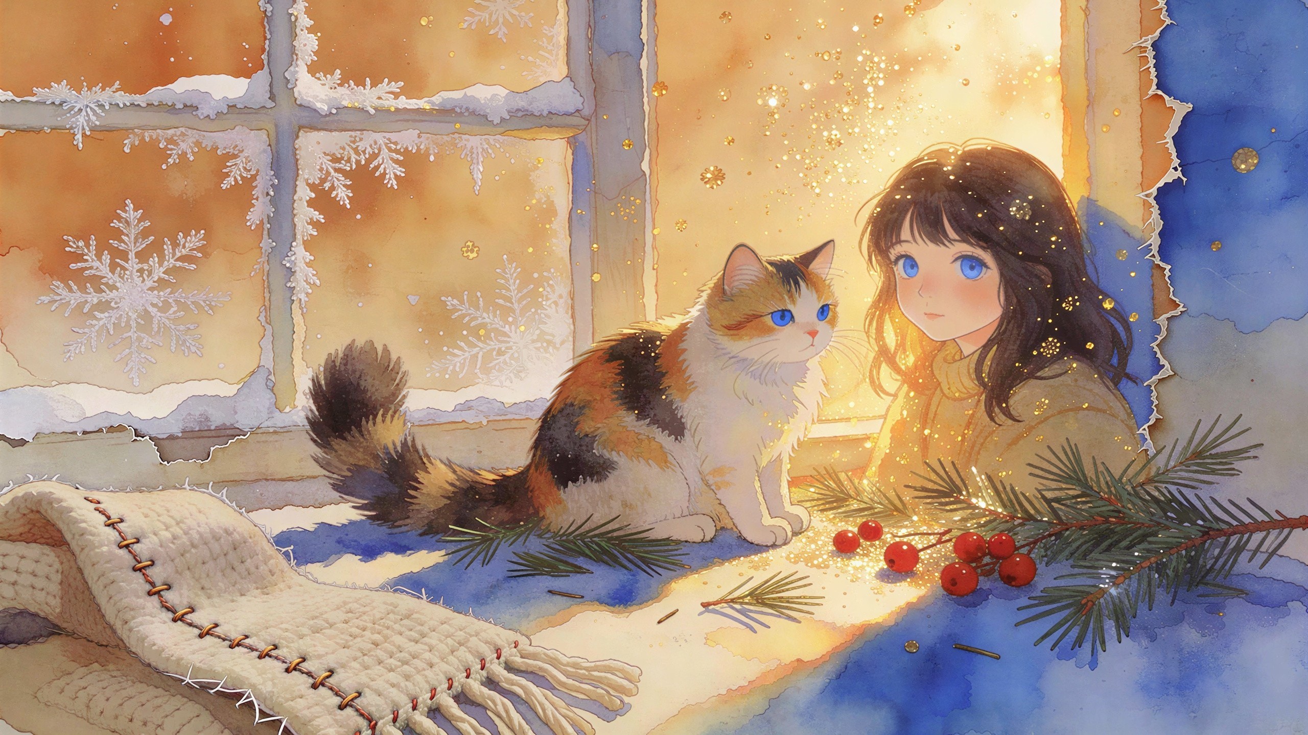 Watercolor depiction of a girl and cat by a window