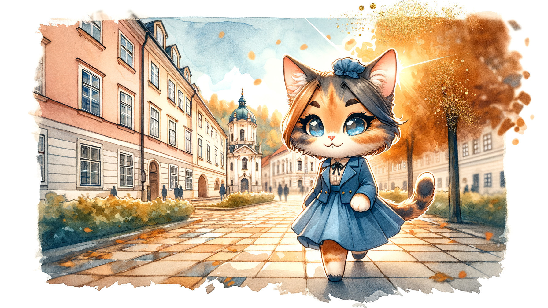 Cartoon Feline Character in Autumn Street Scene