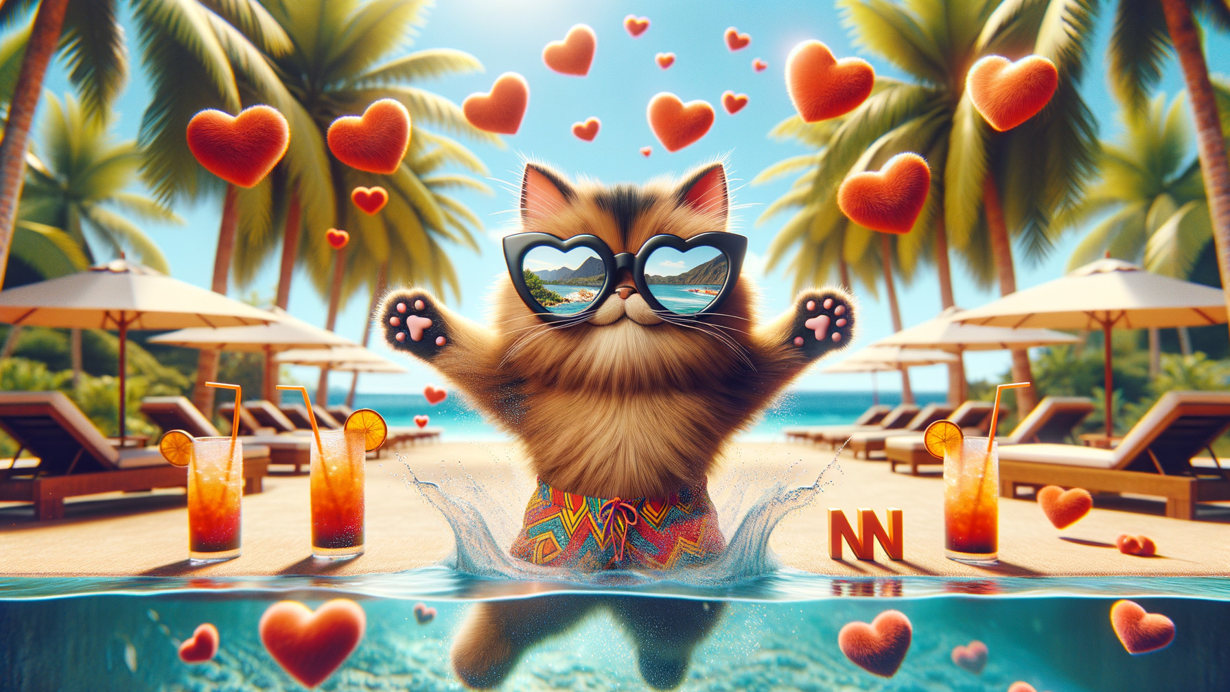 Playful Cat Splashing in Pool with Tropical Vibe