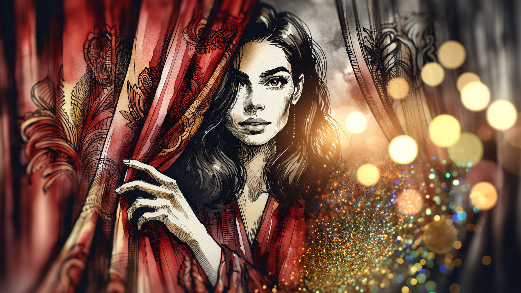 Illustration of a woman behind a lavish curtain