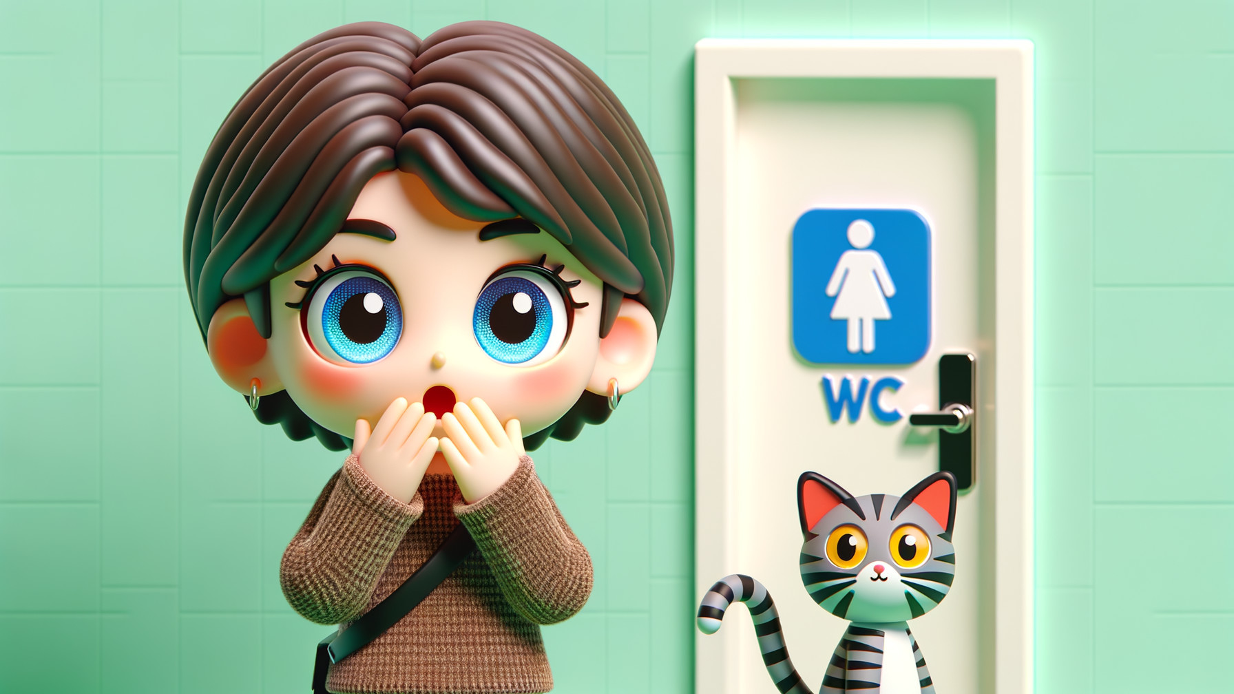 Cartoon Character and Cat by Bathroom Door Scene