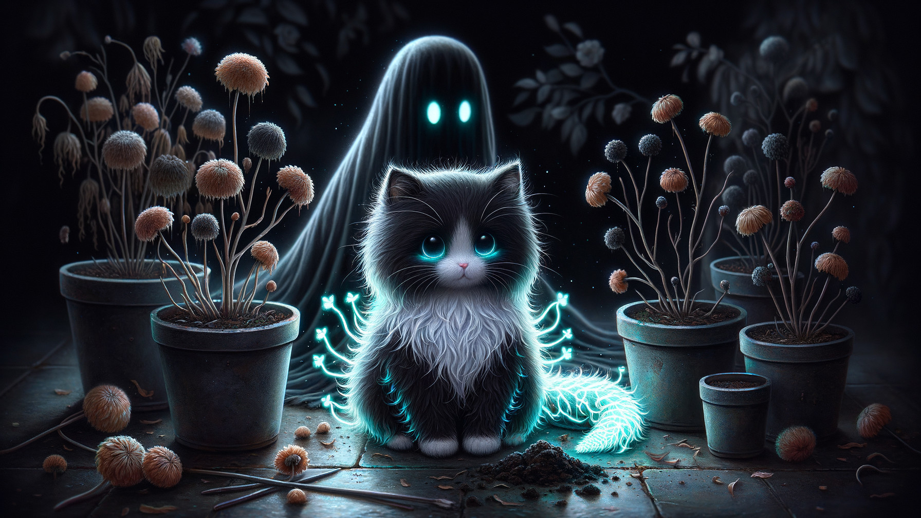 Black and white kitten with ghost in dim plant setting