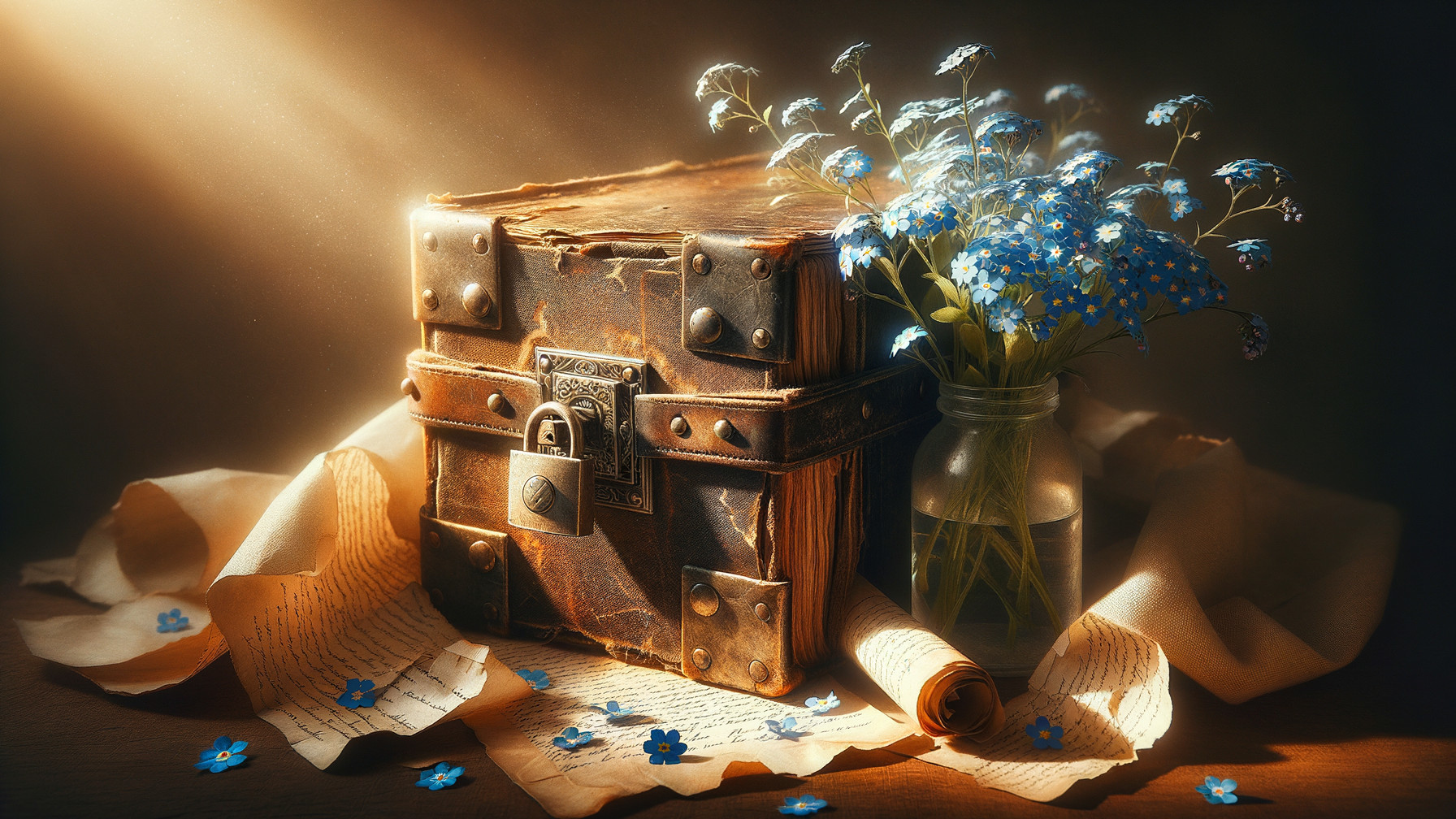 Vintage Chest and Blue Flower Arrangement Scene