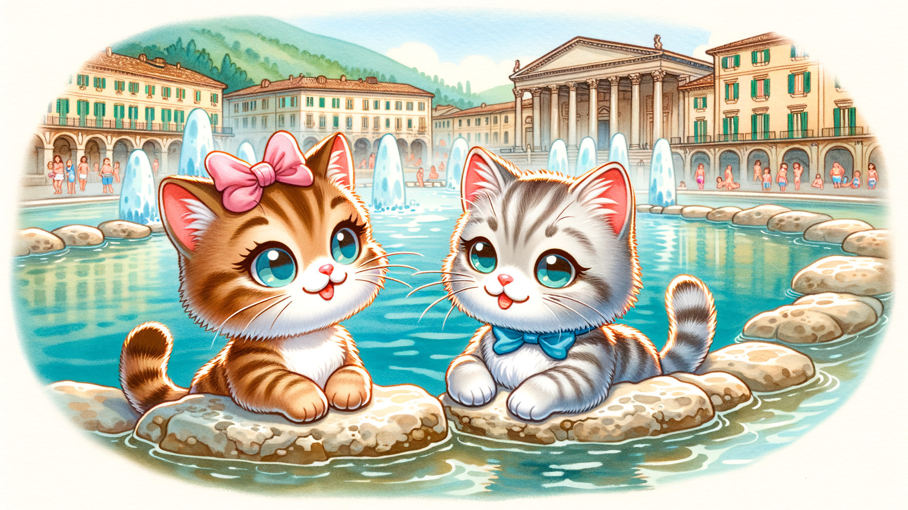 Kittens in Fountain Surrounded by Charming Plaza Scene