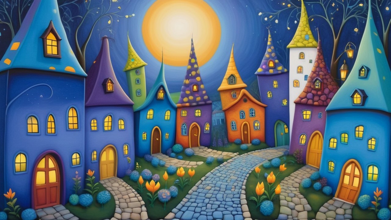Whimsical Village Scene Under Starry Night Sky