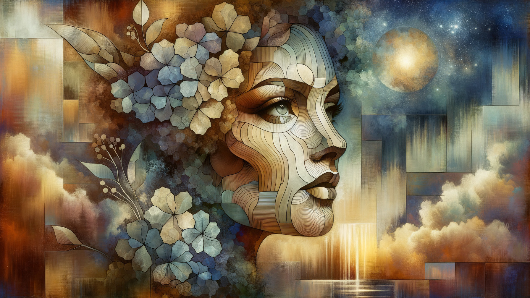 Abstract Female Face in Colorful Mosaic Landscape