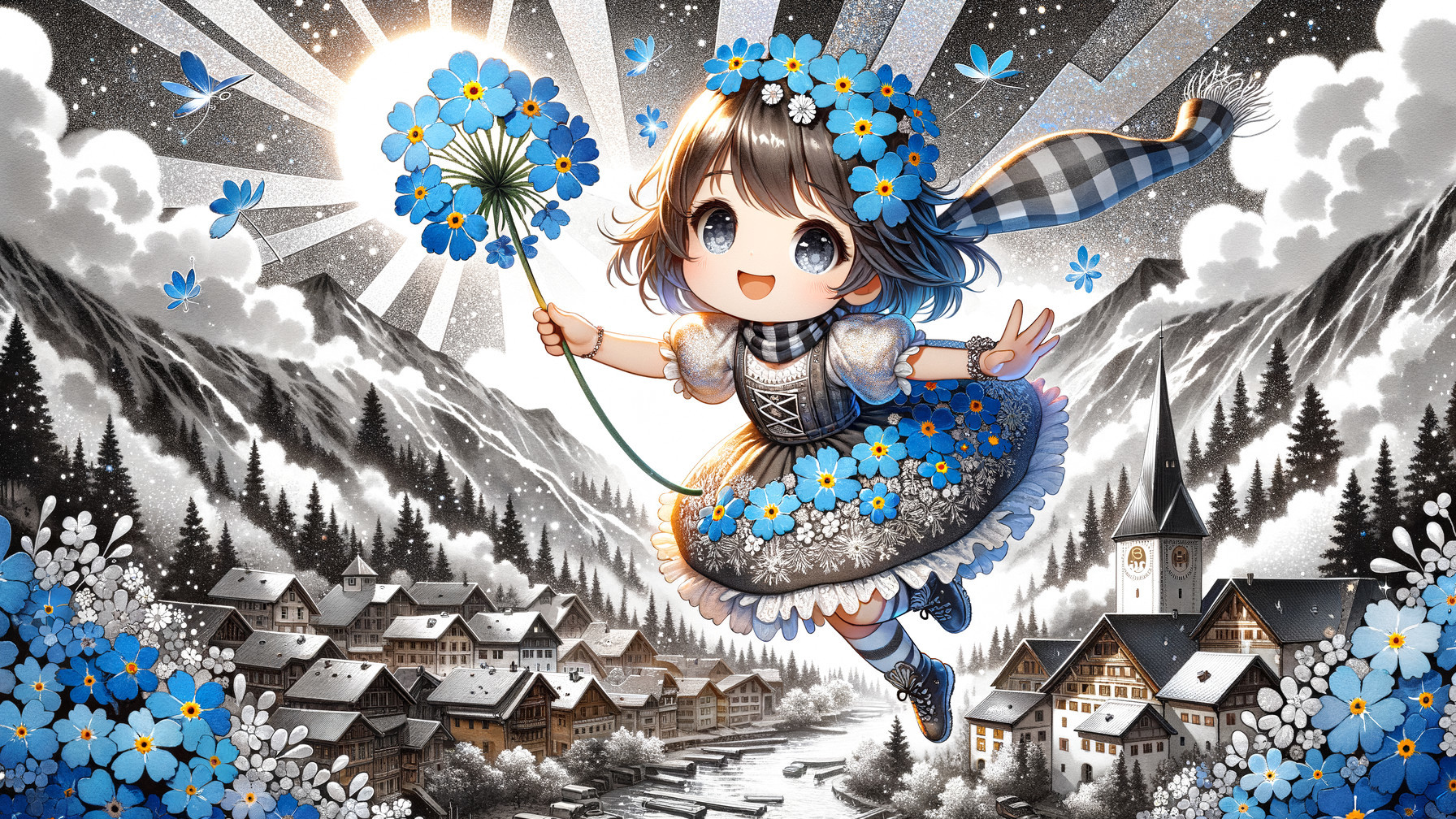 Anime-style girl in traditional dress among mountains