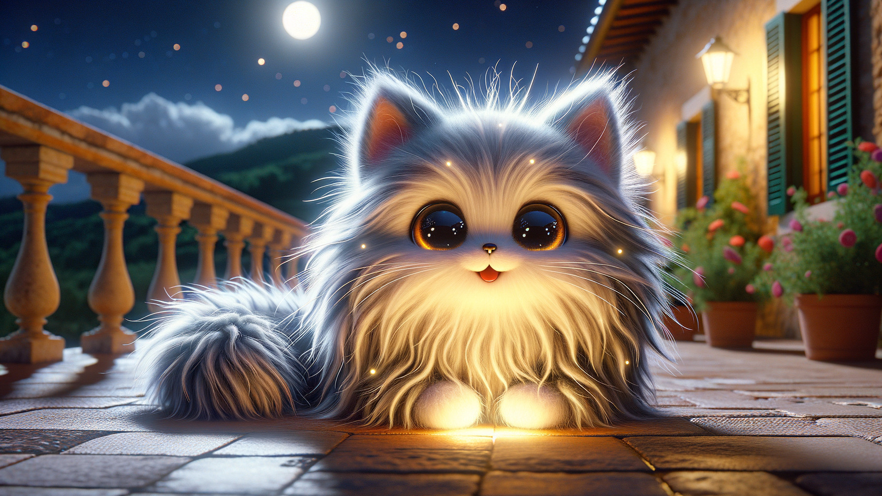 Fluffy Creature on Terrace Under Starry Night Sky