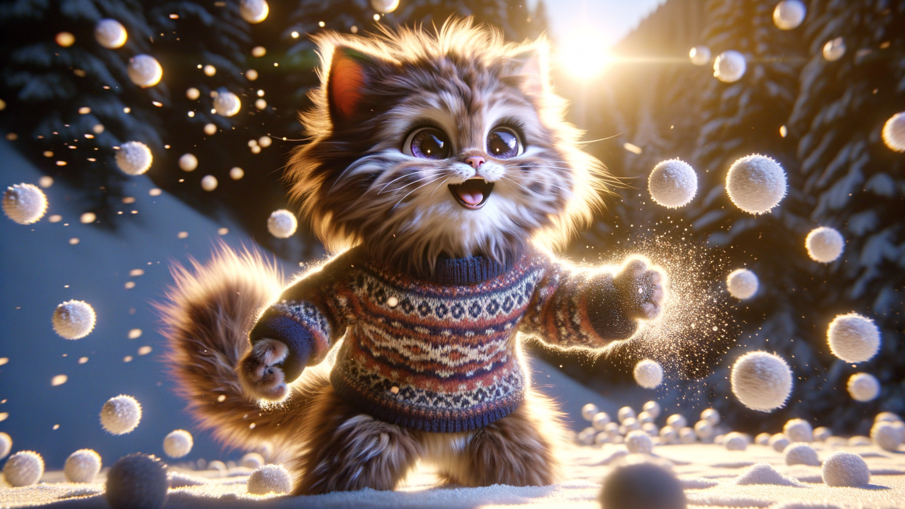 Fluffy Creature Playing in Snowy Landscape