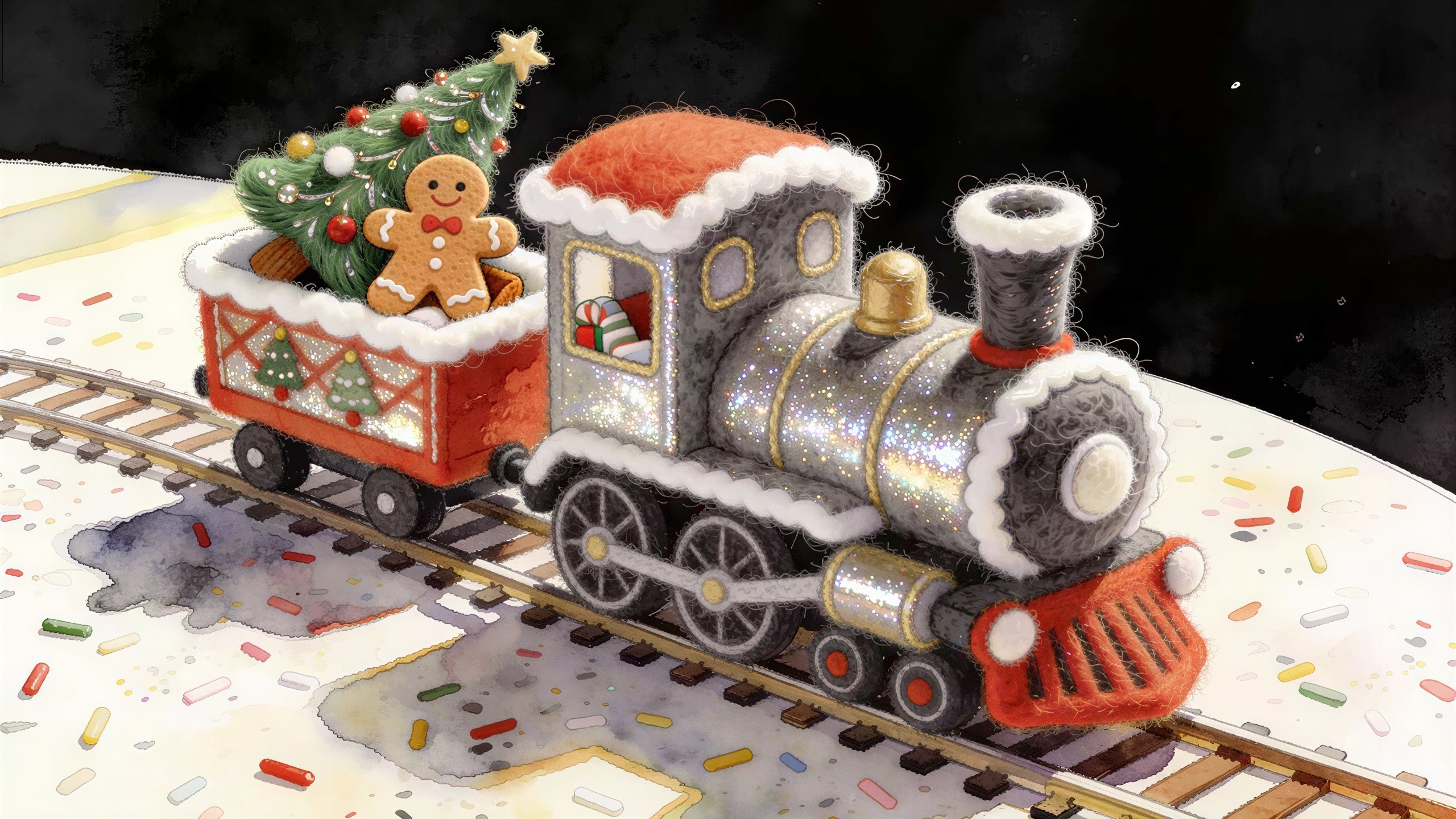 Glittery Christmas train with tree and gingerbread man