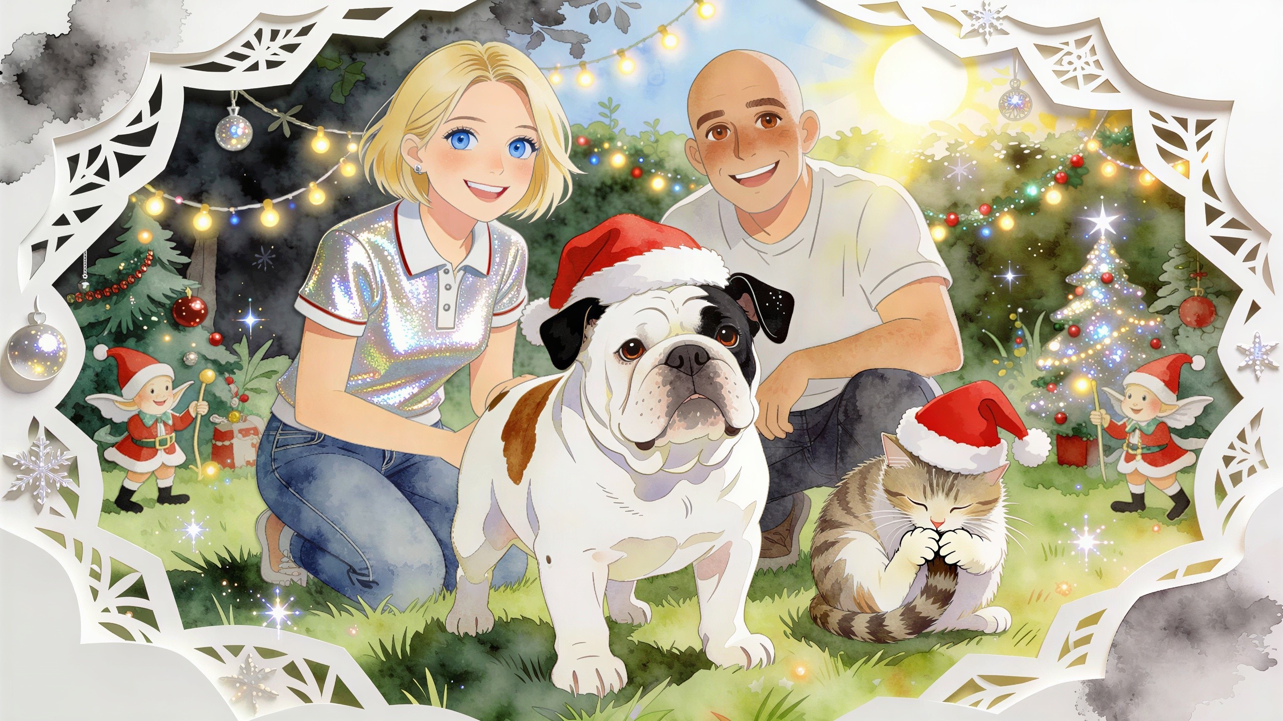 Christmas Watercolor Illustration Featuring Bulldog and Friends