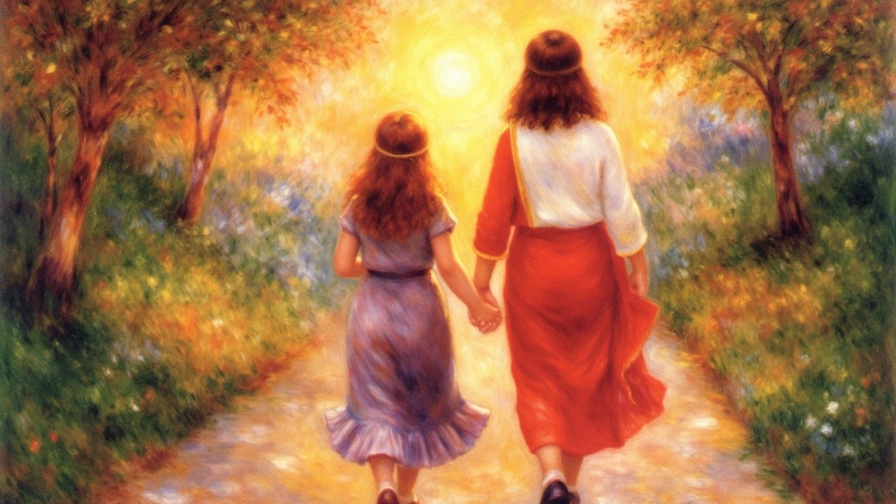 Woman and girl walking on a sunlit path with trees