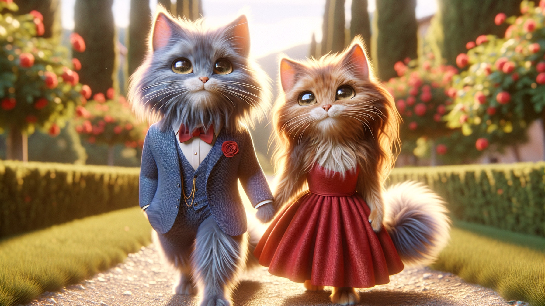 Anthropomorphic Cats in a Romantic Garden Setting