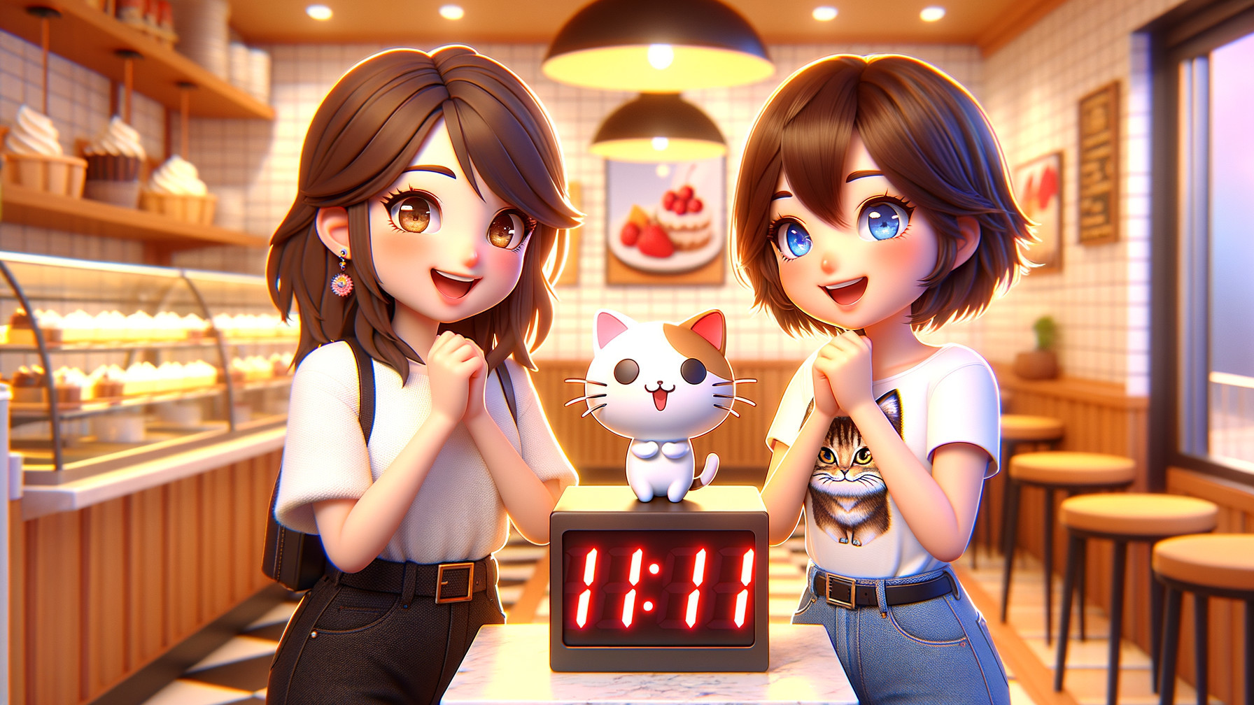 Cheerful Girls and Cat by Digital Clock in Café