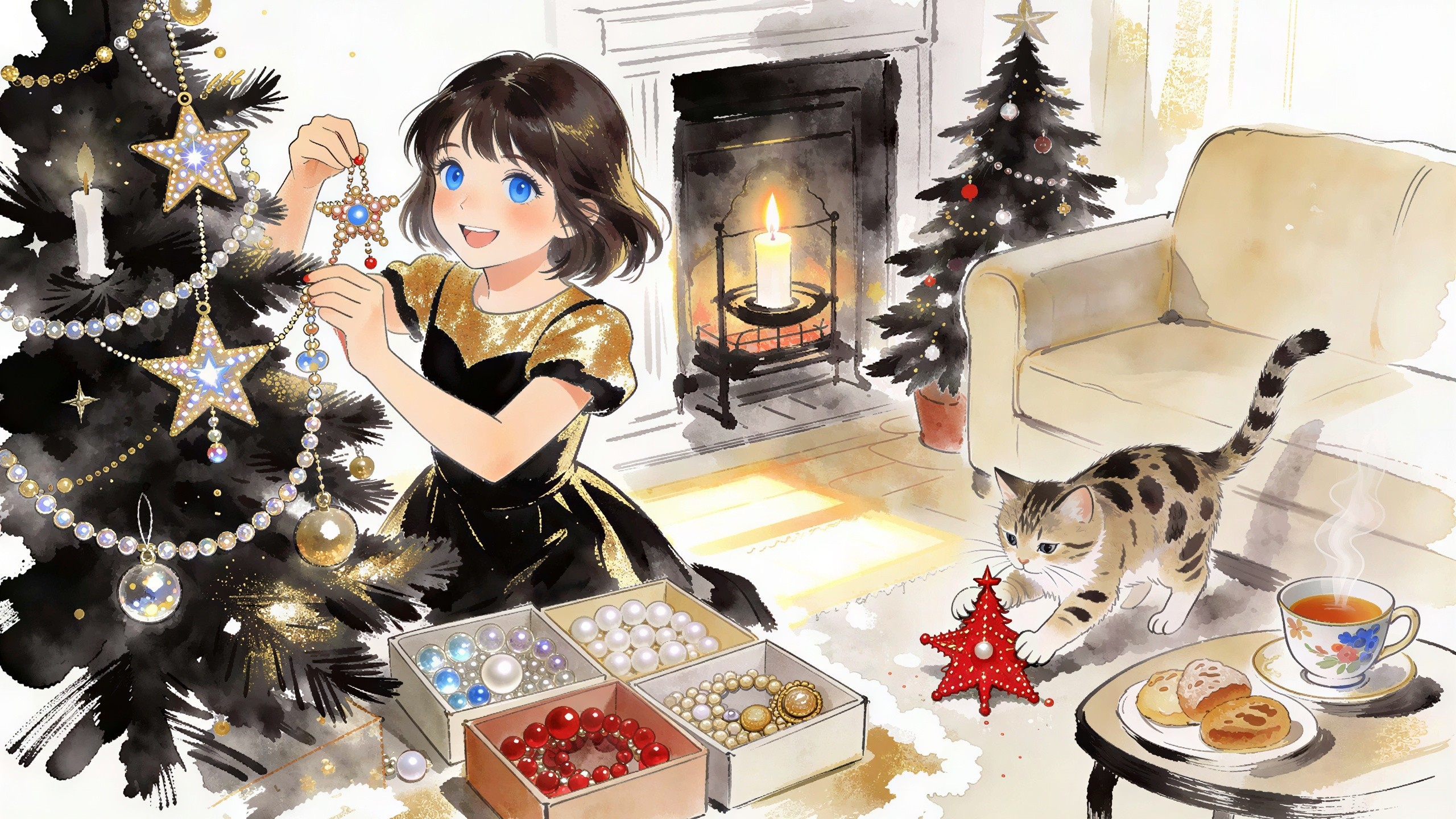 Anime Girl Decorating a Black Christmas Tree