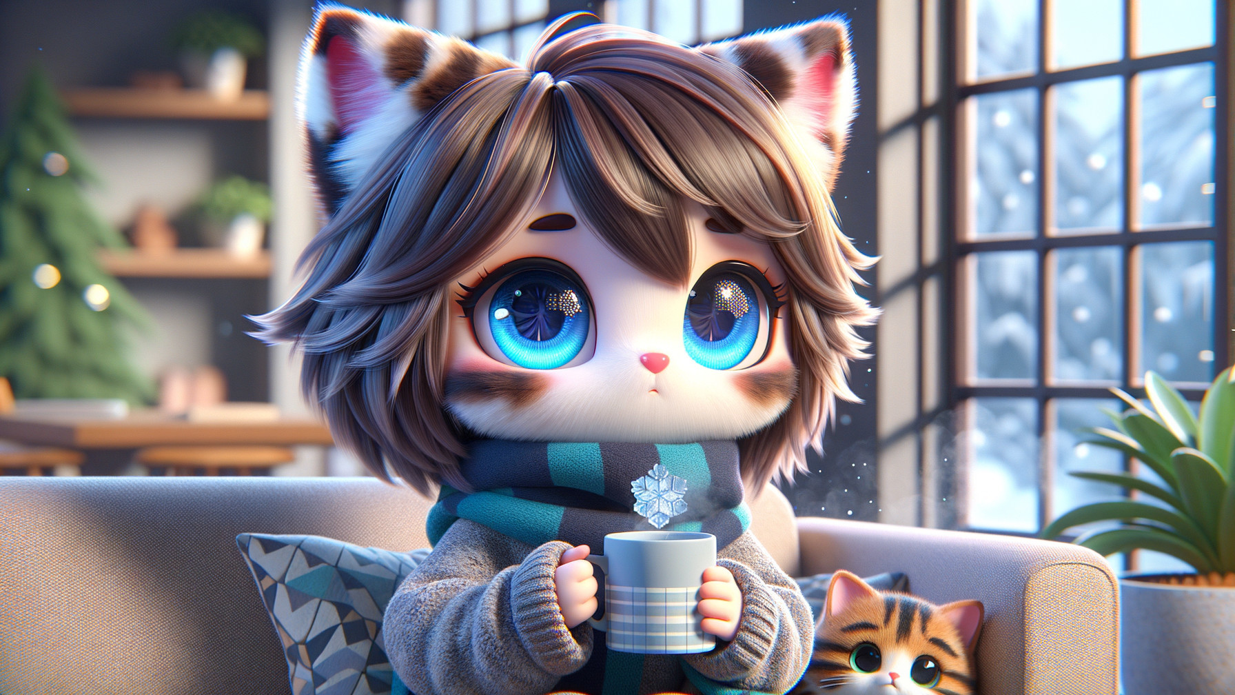 Cozy Winter Scene with Cat-Eared Character and Kitten