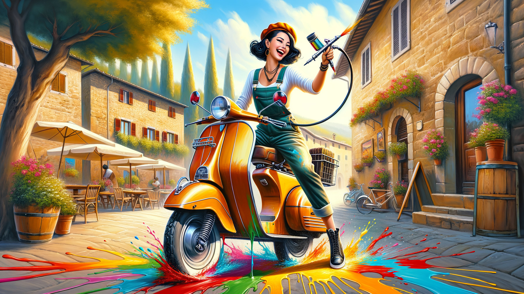 Vibrant Street Scene with Woman on Orange Scooter