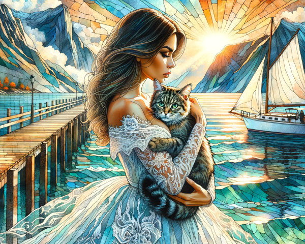 Serene Lake Scene with Woman, Cat, and Sunset Colors