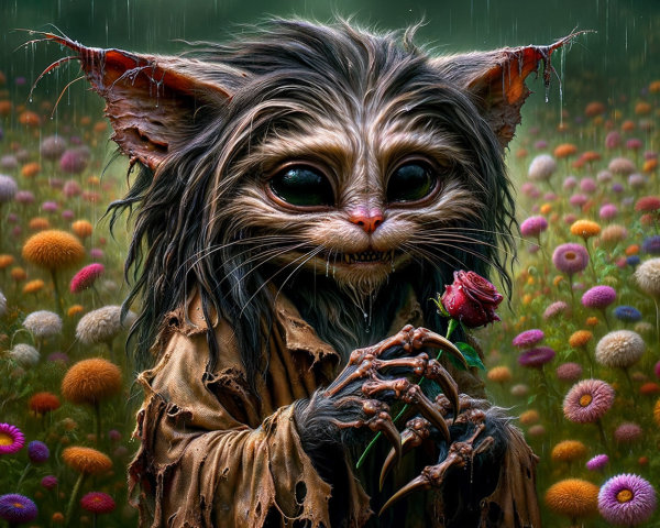 Whimsical creature in flower field with delicate rose