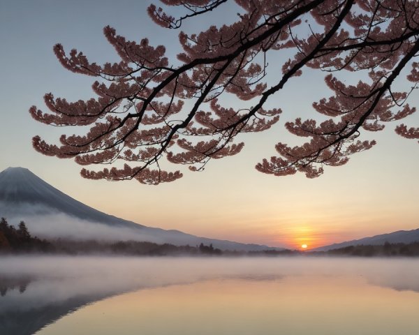 Mount Fuji and Cherry Blossoms at Dawn Reflection