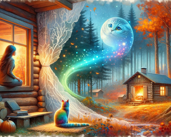 Cozy log cabin in autumn forest with magical elements