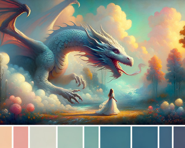 Majestic dragon in serene landscape with young girl