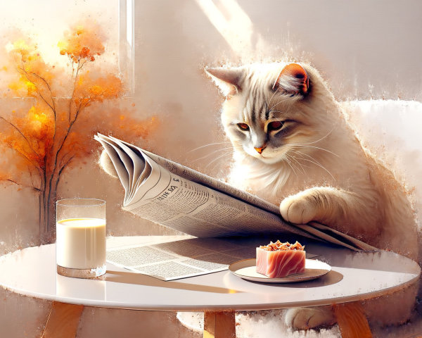 Cozy Cat Reading Newspaper in Soft Morning Light