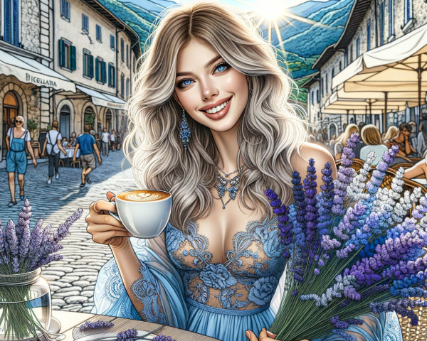 Woman with blonde hair at café in picturesque village