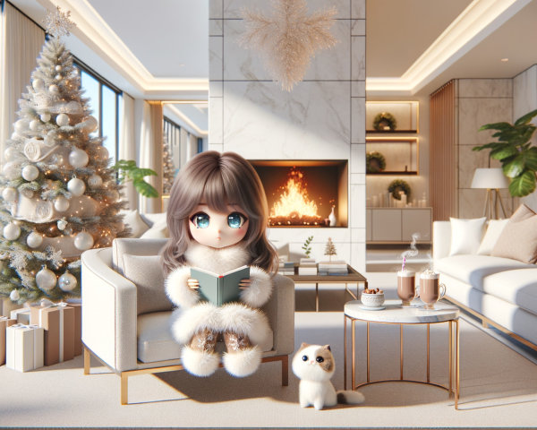 Cozy Modern Living Room with Christmas Tree and Kitten