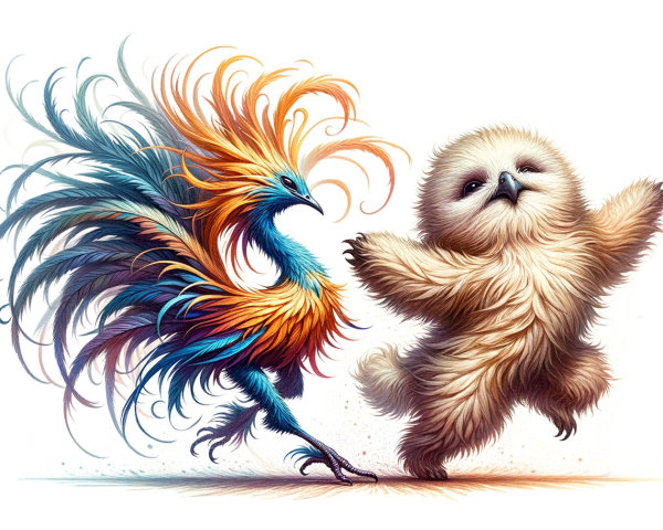 Mythical Phoenix and Fluffy Sloth in Whimsical Scene
