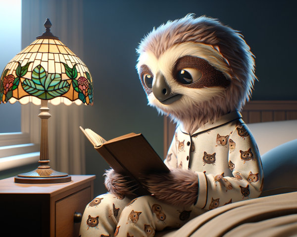 Animated Sloth in Cozy Bedroom Reading a Book