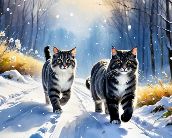 Striped Cats on a Snowy Path in Winter Landscape
