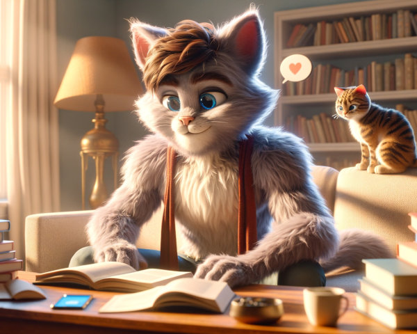 Cozy Living Room with Fluffy Anthropomorphic Cat