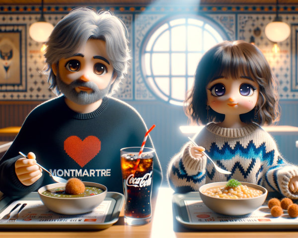 Cozy café scene with animated characters dining together