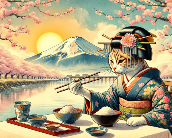 Whimsical Cat in Kimono by Serene Riverside Scene