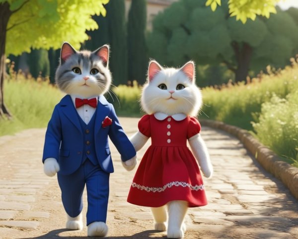 Cartoon Cats in Charming Sunlit Path Scene