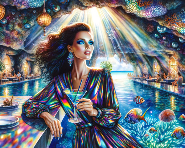 Surreal Scene of Glamorous Woman in Shimmering Dress