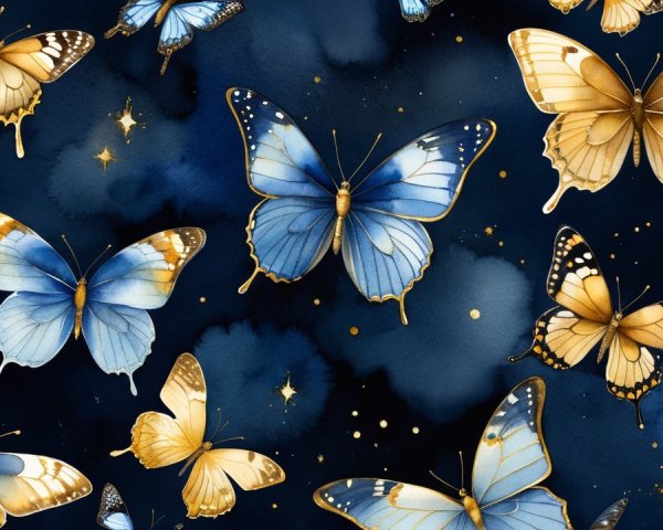 Butterfly Pattern in Blue and Gold on Navy Background